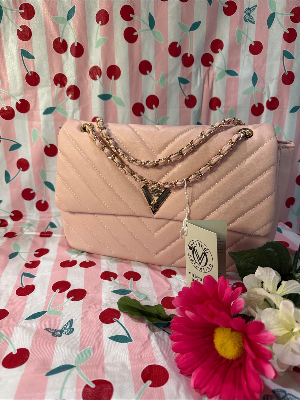 Valentino Orlandi Blush Pink Quilted Shoulder Bag with Gold Chain